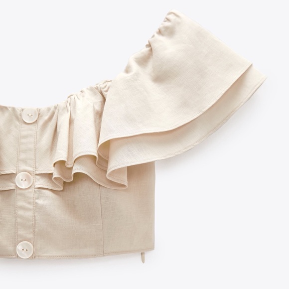 Zara NWT Cropped Ruffle Linen Blend Top Medium Beige Bloggers Fav - Picture 4 of 10